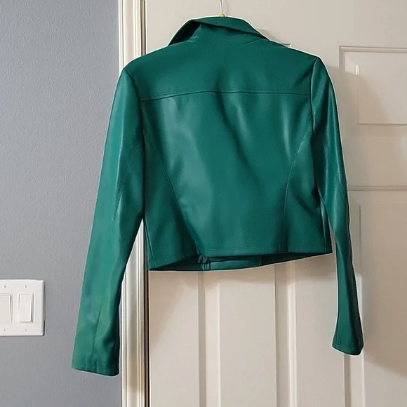 EXPRESS long sleeve zip up crop jacket PVC leather in sea green size small - Picture 4 of 4